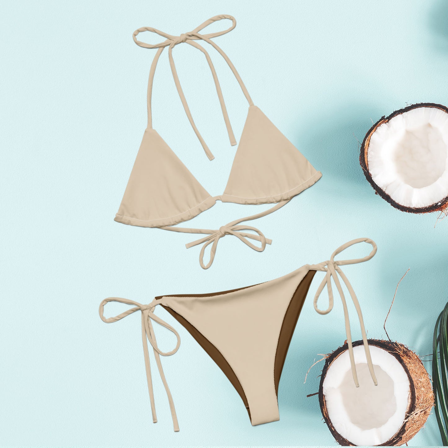 Almond beige Recycled string bikini set eco-friendly triangle bikini double-layered UPF 50+ eco-friendly bikini