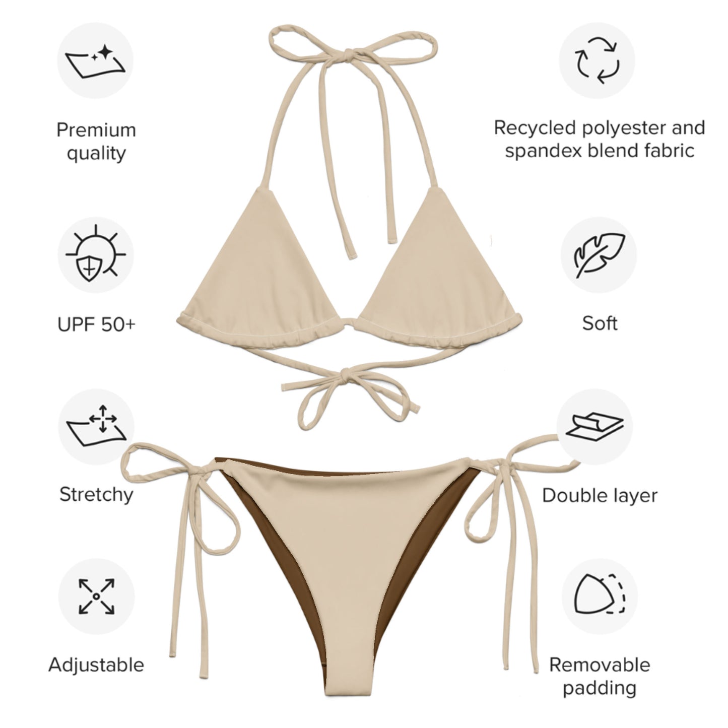 Bikini string recyclé beige amande bikini triangle écologique double épaisseur UPF 50+ bikini écologique