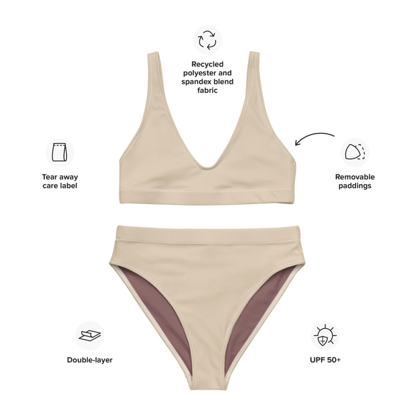 Almond creme, beige Recycled high-waisted bikini set