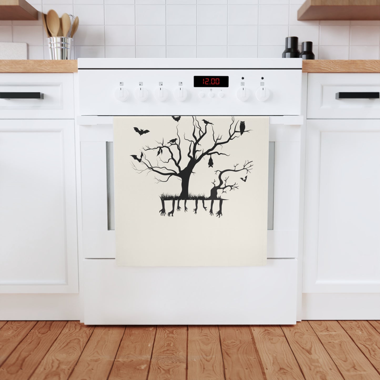 Gruselige Halloween-Baumzweige, Fledermäuse, Vögel, Bio-Baumwoll-Geschirrtuch, 50 x 70 cm, umweltfreundliches Küchentuch, Badezimmerhandtuch