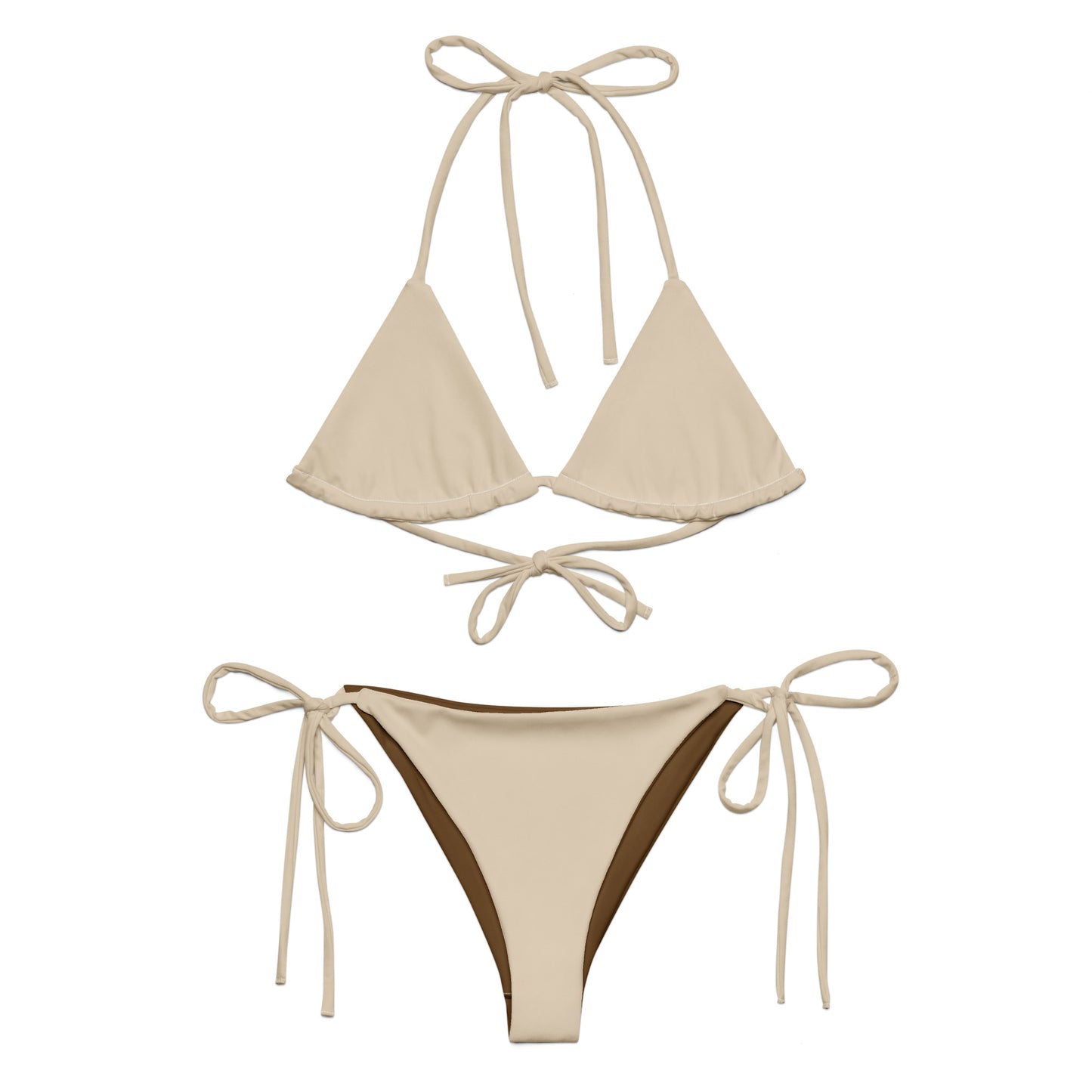 Mandelbeiges, recyceltes String-Bikini-Set, umweltfreundlicher Triangel-Bikini, doppellagiger, umweltfreundlicher UPF 50+-Bikini