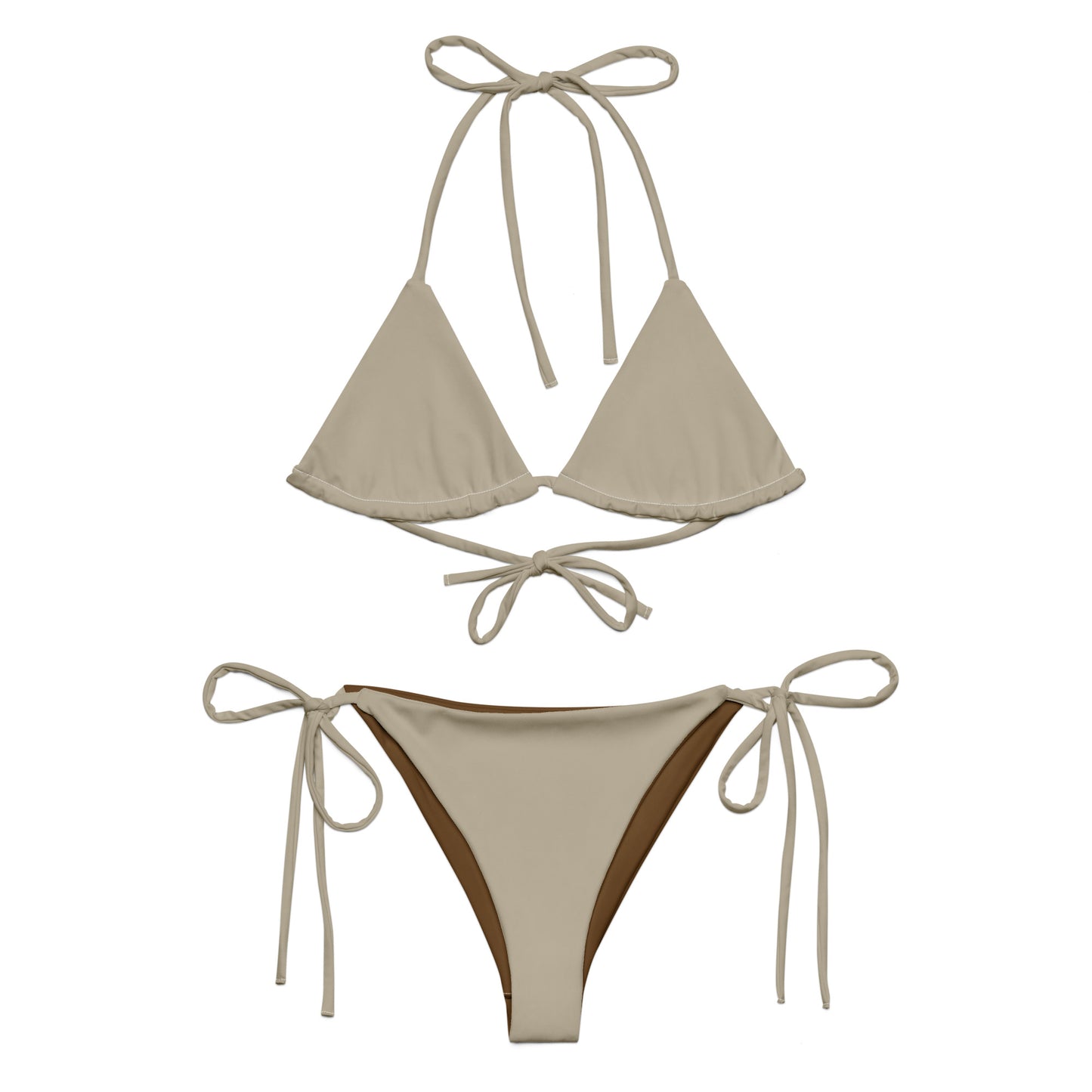 Khakifarbenes, recyceltes String-Bikini-Set, umweltfreundlicher Triangel-Bikini