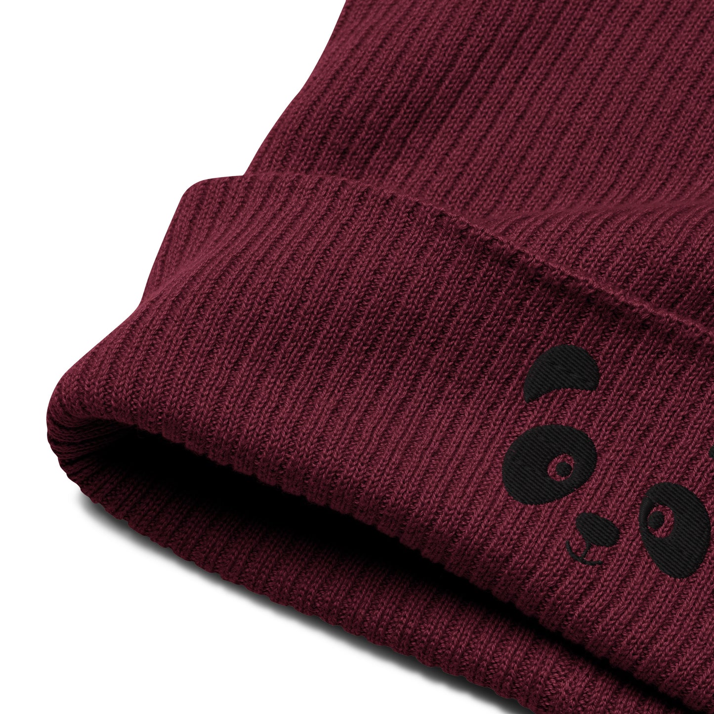 Schwarze gerippte Beanie-Mütze aus Bio-Baumwolle mit Pandagesicht-Stickerei