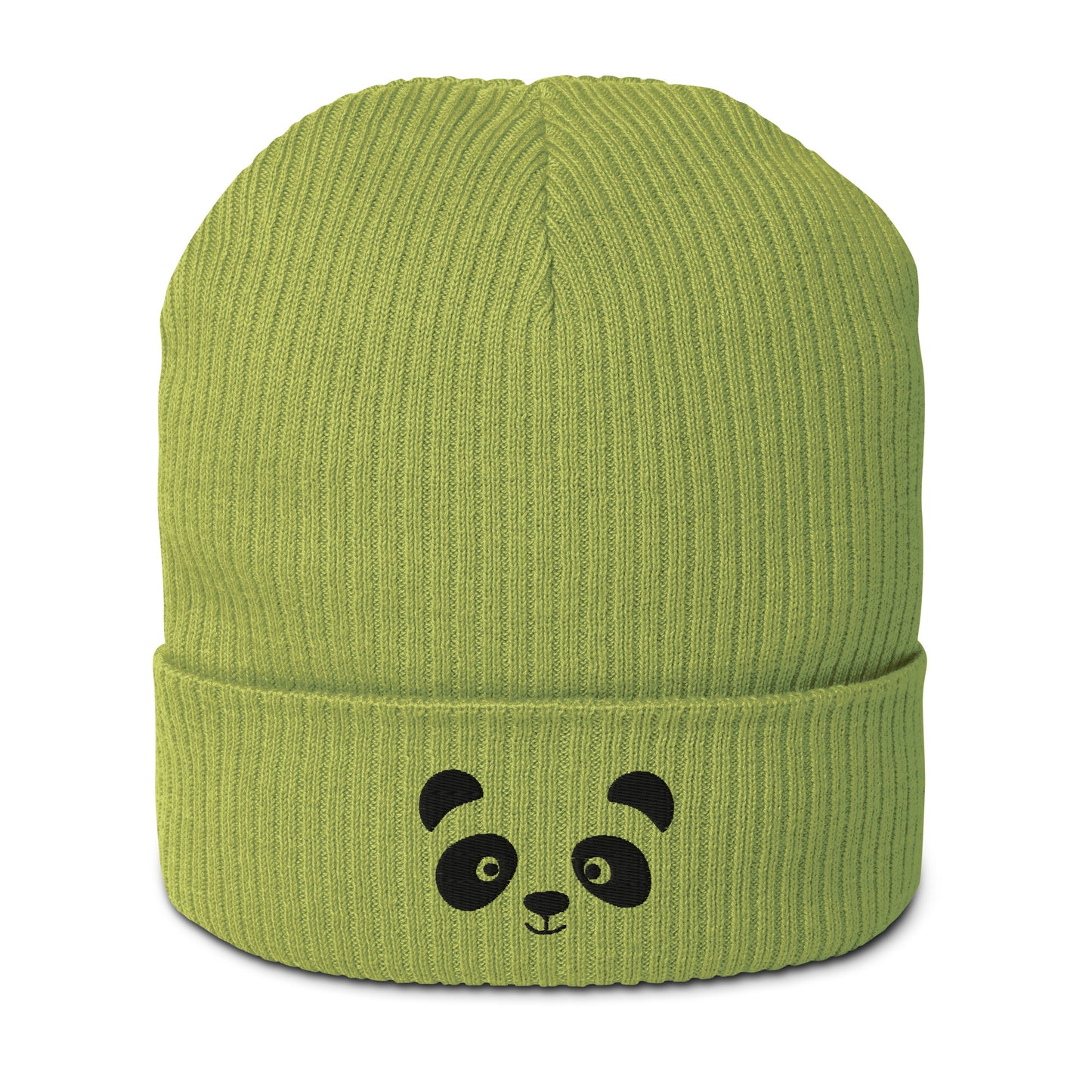 Schwarze gerippte Beanie-Mütze aus Bio-Baumwolle mit Pandagesicht-Stickerei