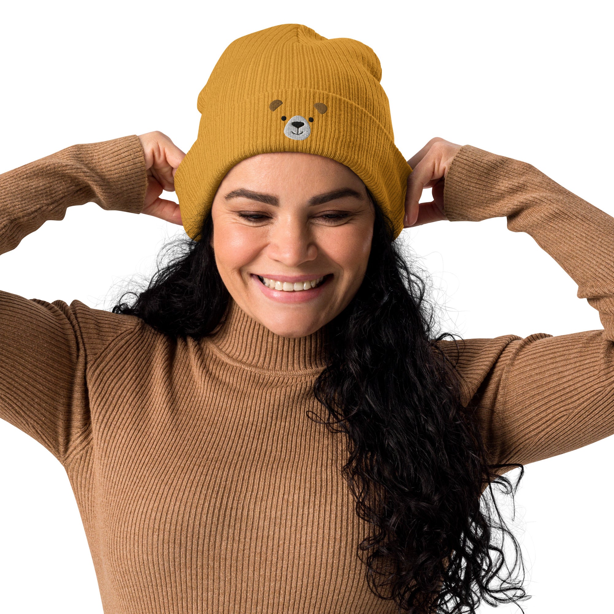 bear face organic cotton ribbed beanie embroidered high quality