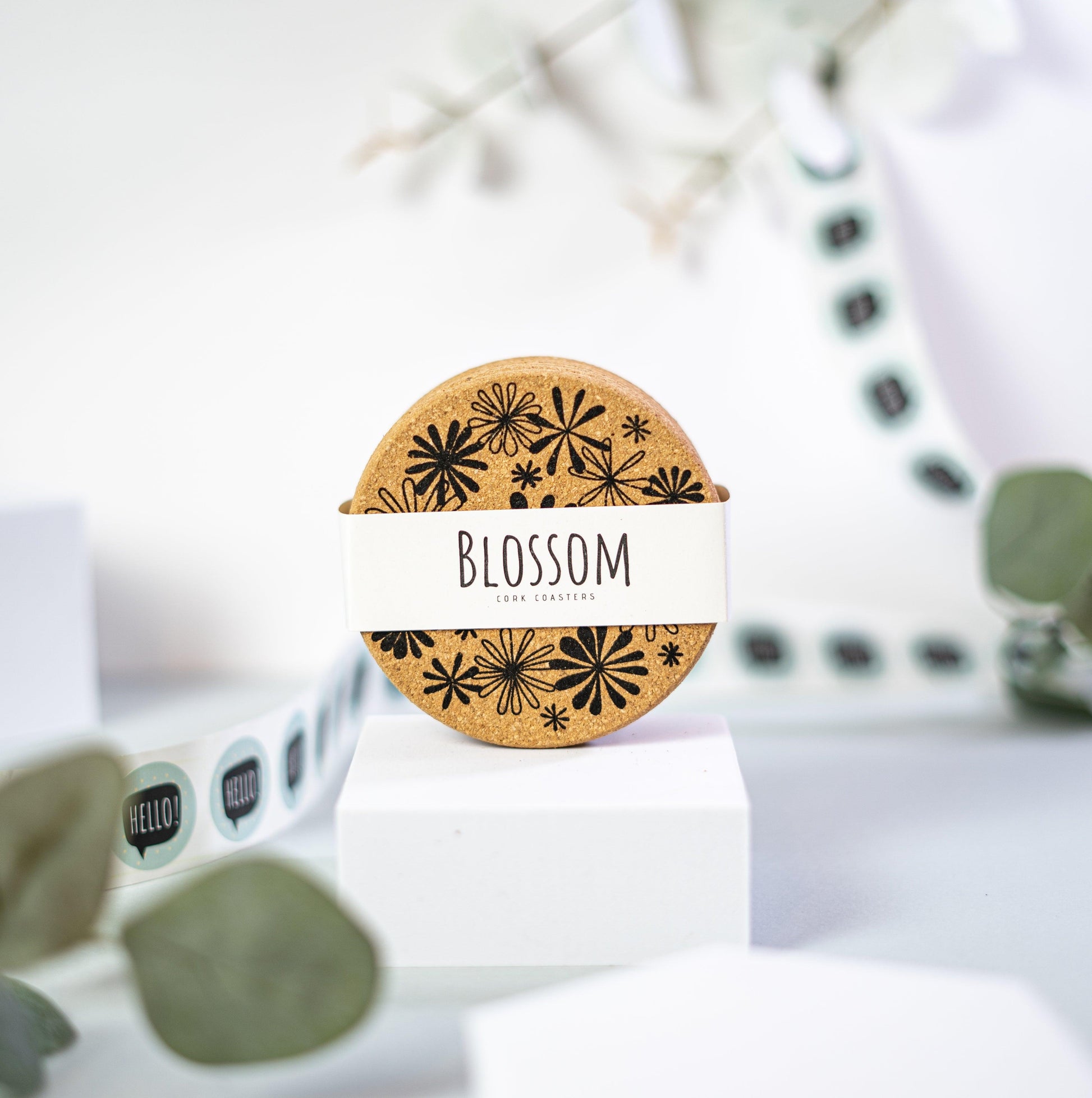 Blossom - Floral black and white cork coaster set - PepMelon