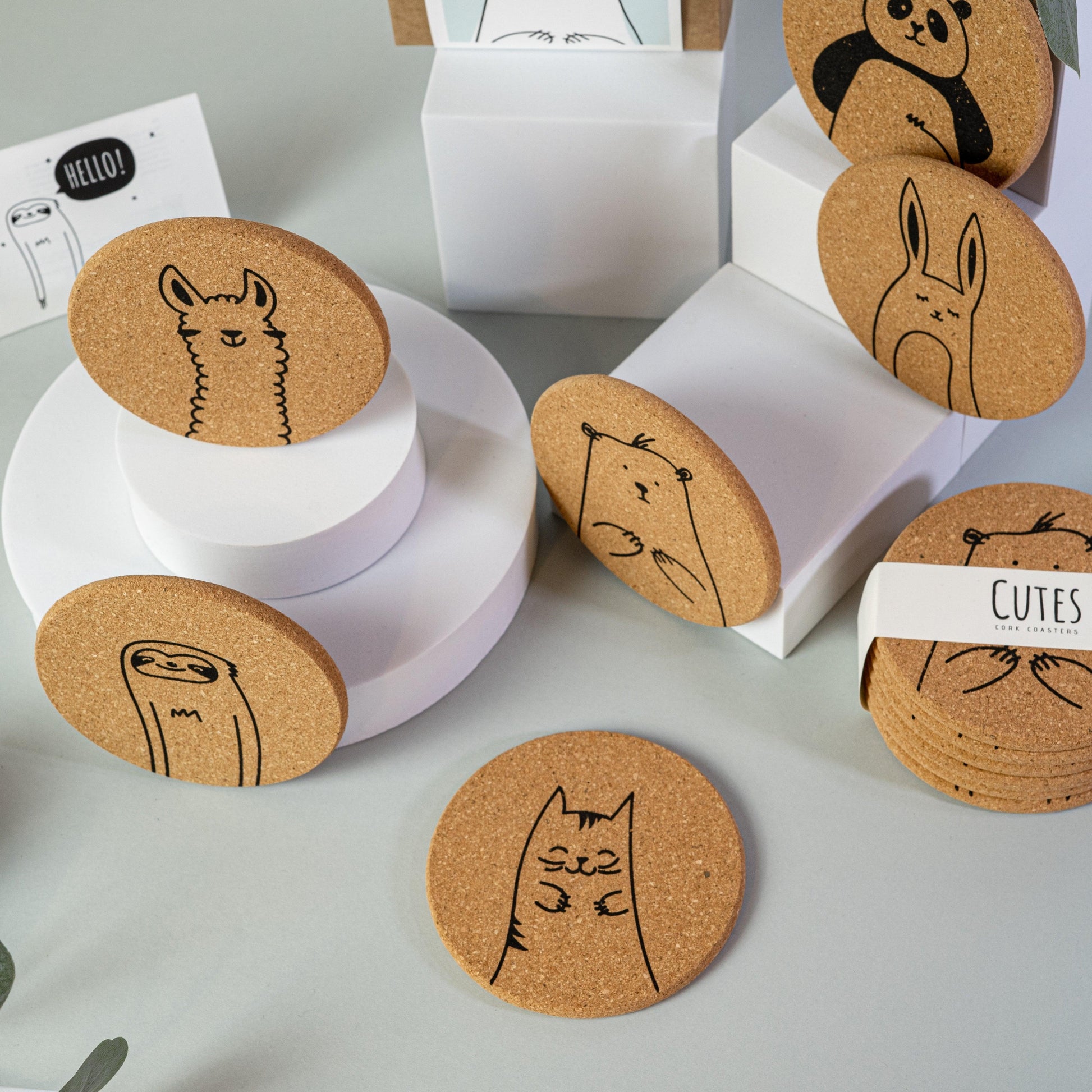 Cutes - Cork coasters, set of 6, cute animals - PepMelon